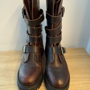 Steve Madden Brown Leather Moto Boots | Buckle Detail 36